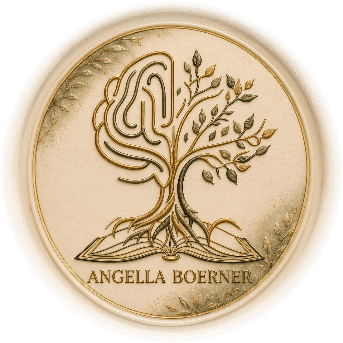 Selo Angella Boerner — árvore da vida sobre um livro aberto